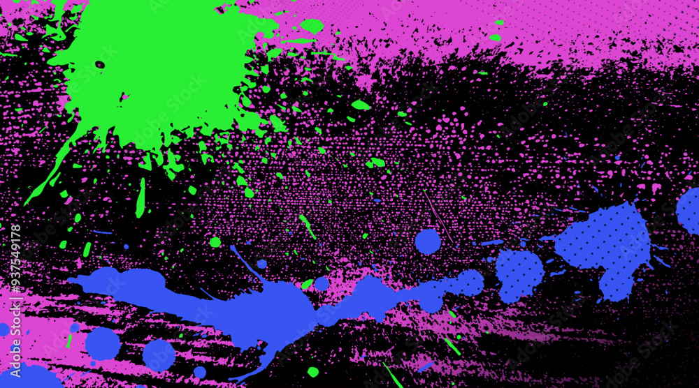 Abstract grunge paint splatter texture wall background with dynamic and bright composition. Splashes and dots of different sizes. 