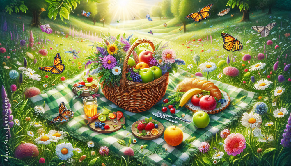 A Serene Picnic on a Green Meadow with Fruits and Flowers, Use for Wallpaper, Poster, and Banner Design