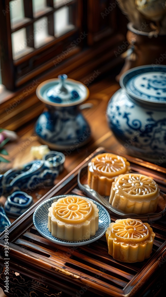 Traditional Chinese Moon Cakes on Wooden Tray Traditional Chinese Moon Cakes on Wooden Tray