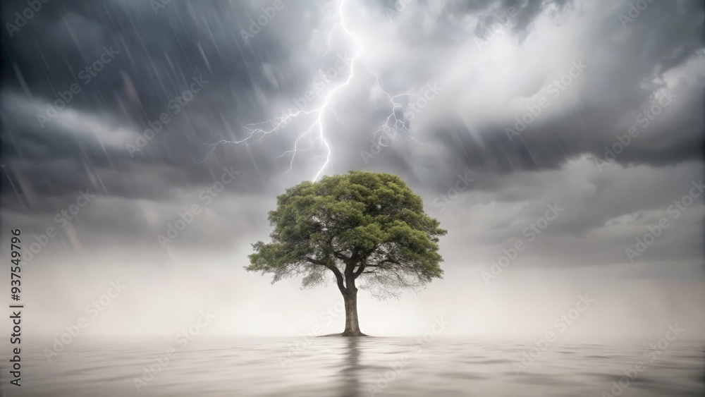 Obraz premium A sturdy tree enduring a fierce storm, representing strength and growth despite hardships. 