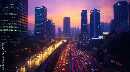 A bustling city skyline at dusk, featuring illuminated skyscrapers and heavy traffic on a bridge. Long exposure captures car headlights as light trails