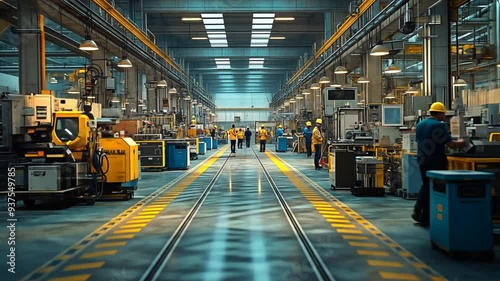 A busy factory setting featuring both factory workers and mechanics working together, factory workers operating machinery,