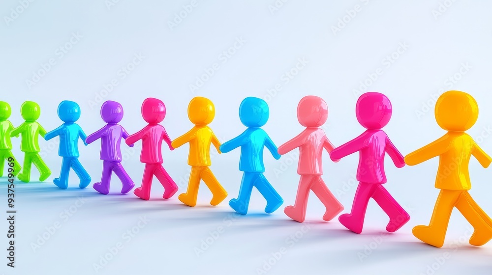 Colorful figurines holding hands, walking in a line, representing unity and diversity. Colorful figurines holding hands, walking in a line, representing unity and diversity.