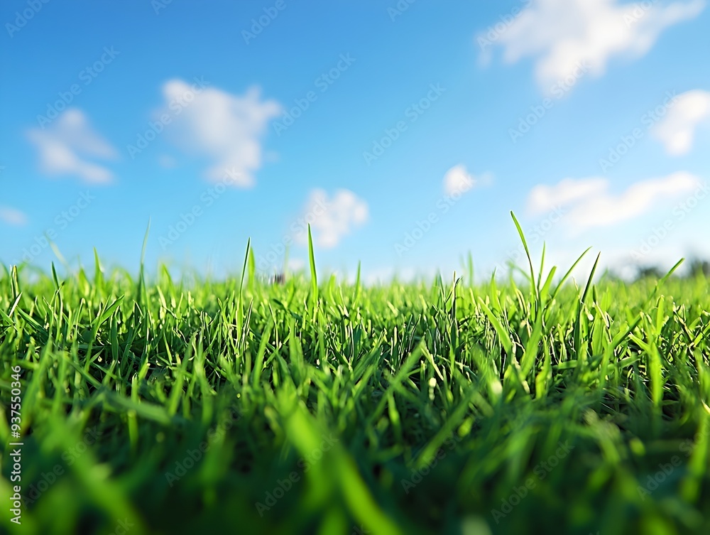 Fototapeta premium Lush Green Grass Field Under Bright Blue Sky and Fluffy Clouds