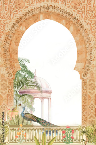Traditional Mughal garden and seated queen frame illustration
