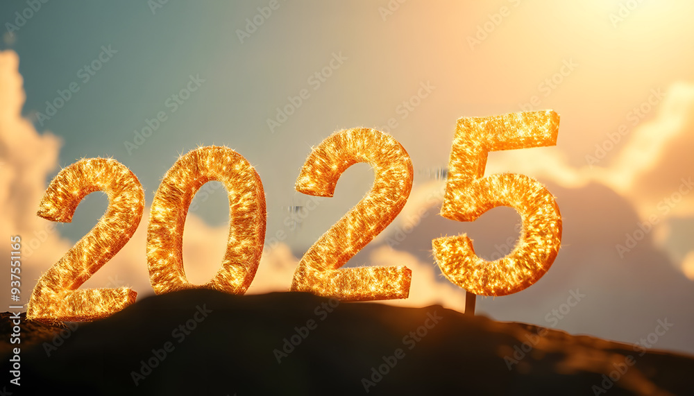 A glowing text 2025 form made of sparkling golden lights in the sky, happy new year concept, 2025 in sky, for banner , celebration A glowing text 2025 form made of sparkling golden lights in the sky, happy new year concept, 2025 in sky, for banner , celebration