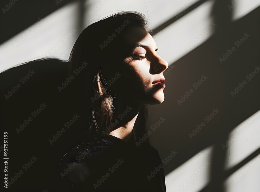 Naklejka premium Woman with Long Hair and Shadows on a Wall
