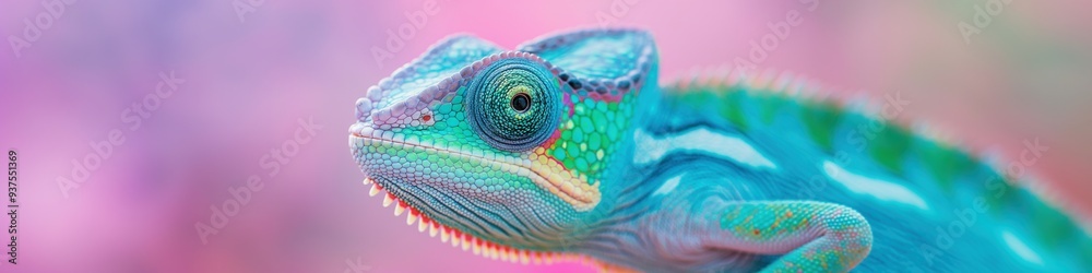 Fototapeta premium Close up chameleon, wide panoramic banner or header with copy space.