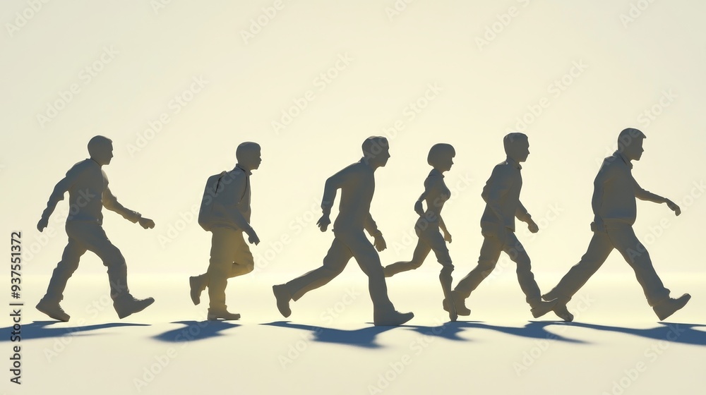 Silhouettes of six people walking in a line, symbolizing teamwork, unity, and progress. Silhouettes of six people walking in a line, symbolizing teamwork, unity, and progress.