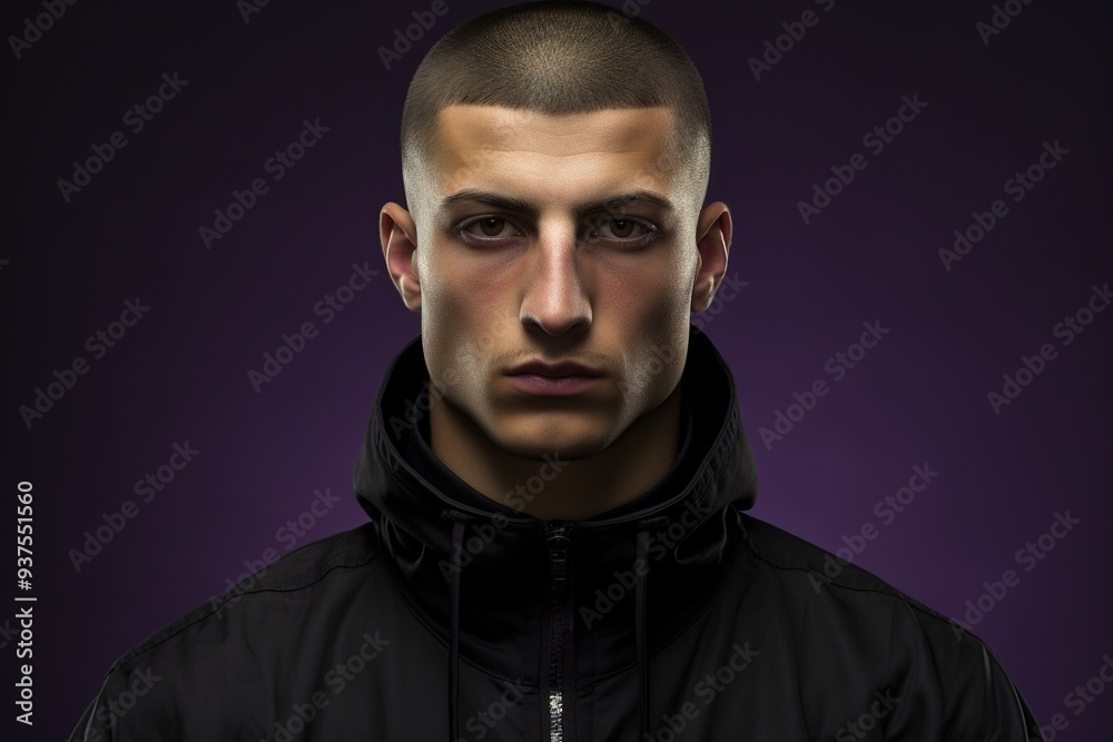 A man with a shaved head and a hooded jacket A man with a shaved head and a hooded jacket