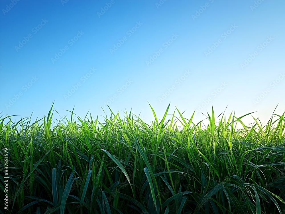 Fototapeta premium Serene Early Morning Landscape with Green Grass and Blue Sky