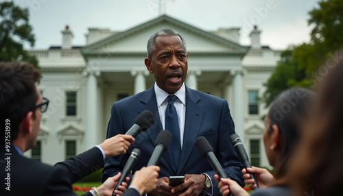 An African American senator speaks confidently to the press in front of the White House, showcasing authority. 