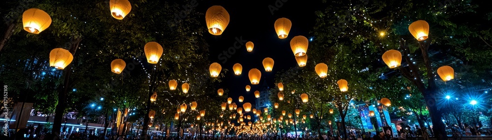 Obraz premium A 3D Chiang Mai lantern festival with soft lighting, symbolizing the cultural celebrations of northern Thailand.