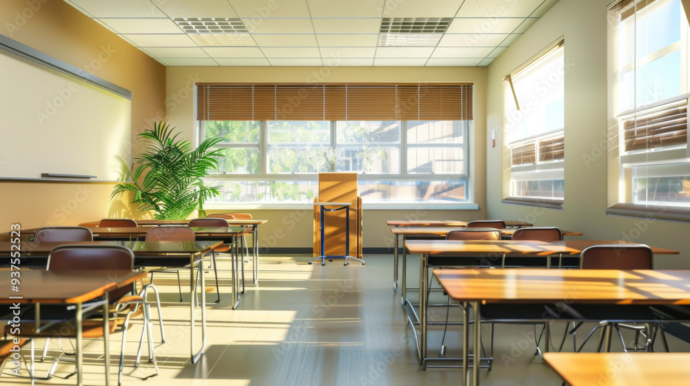 A bright classroom with wooden desks and chairs, a white board on a light wall. Concept for design, education. A bright classroom with wooden desks and chairs, a white board on a light wall. Concept for design, education.