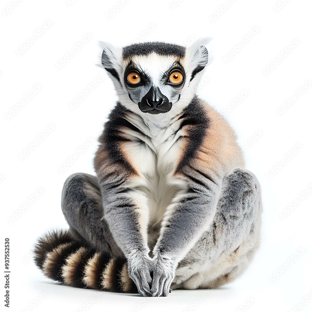 Fototapeta premium Closeup of a Ring Tailed Lemur Sitting on a White Background