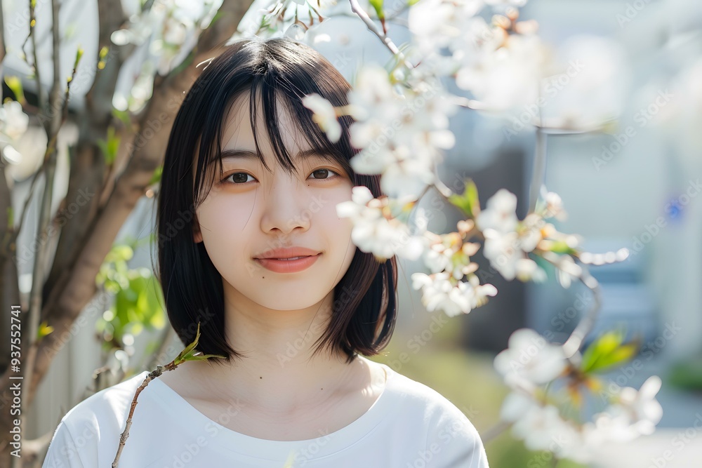 Young Asian Woman Smiling with Cherry Blossom Behind Her Young Asian Woman Smiling with Cherry Blossom Behind Her