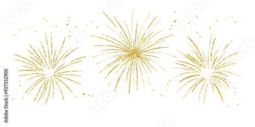 Set of new year firework vector illustration. Collection of golden fireworks, gold foil on white background. Art design suitable for decoration, print, poster, banner, wallpaper, card, cover.