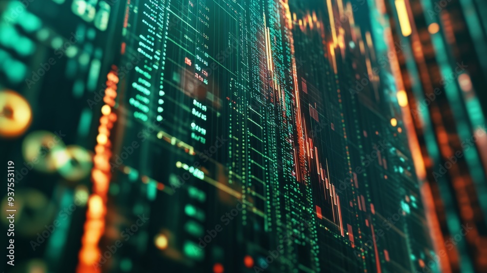 A close-up of a futuristic digital screen chart displaying complex data analysis and financial metrics with vibrant colors and dynamic lines. A close-up of a futuristic digital screen chart displaying complex data analysis and financial metrics with vibrant colors and dynamic lines.