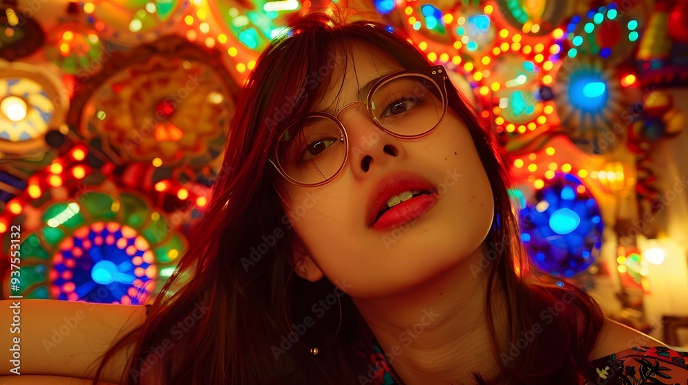 Young Woman in Glasses with Colorful Lights
