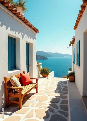 Charming white houses line a quaint street, with a cozy bench and a serene sea view under warm sunlight.	
 photo