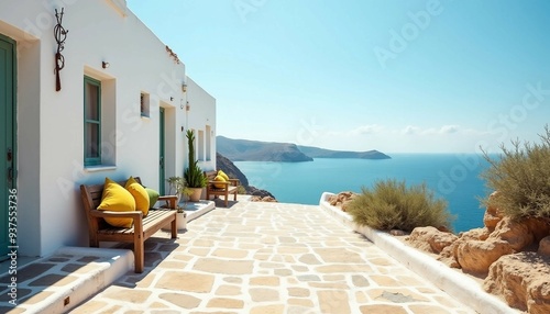 Charming white houses line a quaint street, with a cozy bench and a serene sea view under warm sunlight.	
 photo