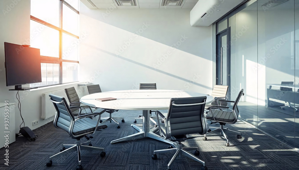 a modern conference room with a white table and chairs, leather chair with table, large window in office, nature view form window in office a modern conference room with a white table and chairs, leather chair with table, large window in office, nature view form window in office
