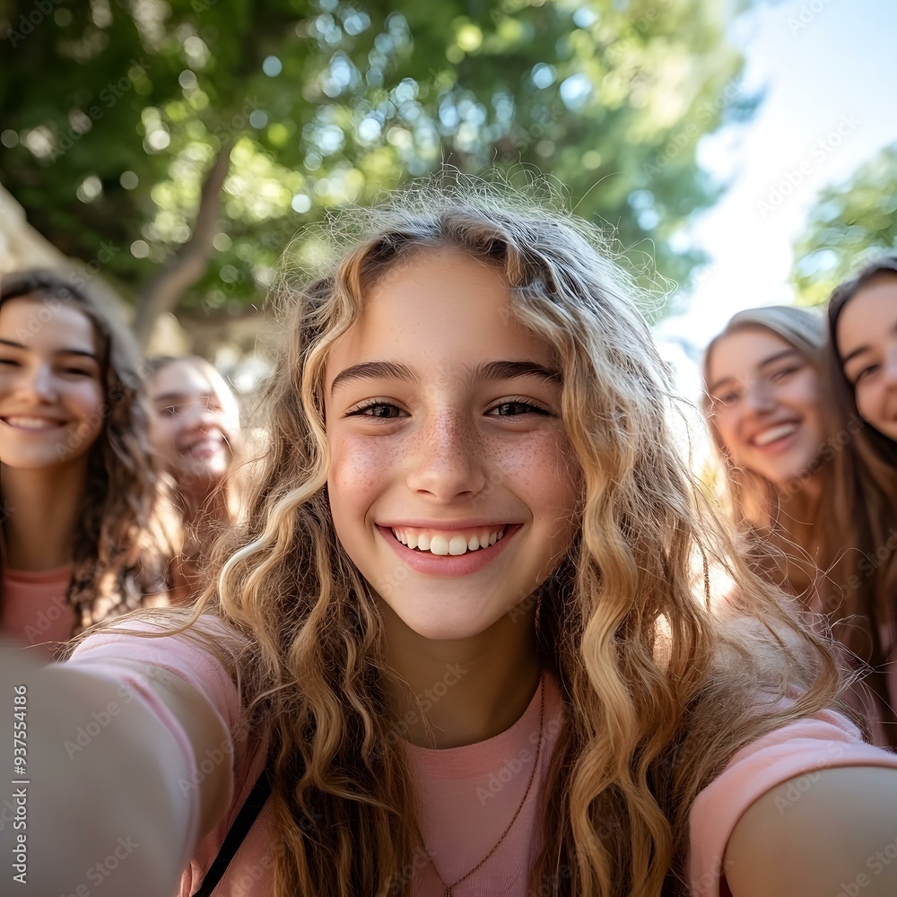 Obraz premium Group of Young Girls Taking Selfie in the Park