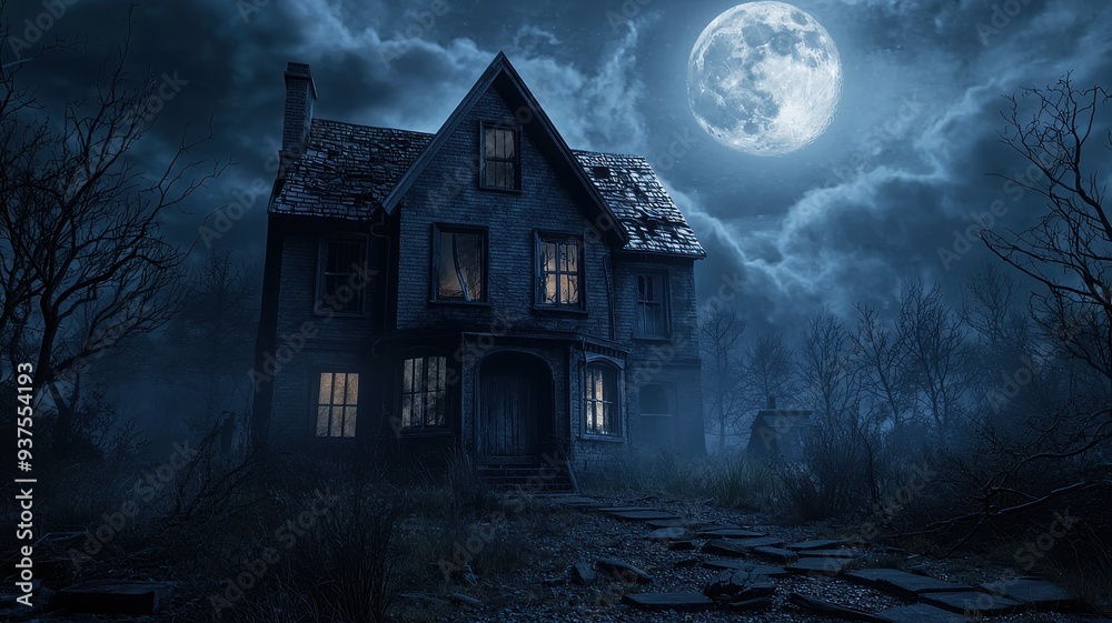 A hauntingly eerie old house illuminated by a full moon, surrounded by dark trees and a mysterious atmosphere. A hauntingly eerie old house illuminated by a full moon, surrounded by dark trees and a mysterious atmosphere.