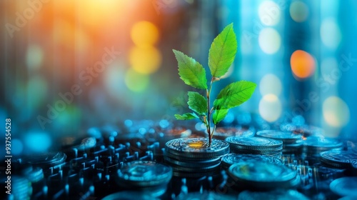 A small green plant growing out of coins, symbolizing financial growth and investment against a blurred background with bokeh lights.