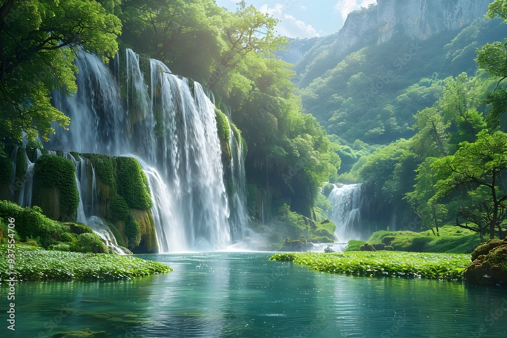 Fototapeta premium Majestic Waterfall Cascading Through Lush Tropical Foliage in Remote Paradise
