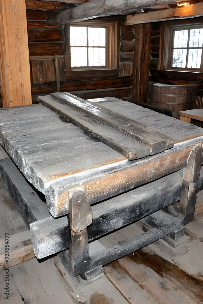 Old Wooden Table in Rustic Log Cabin Old Wooden Table in Rustic Log Cabin
