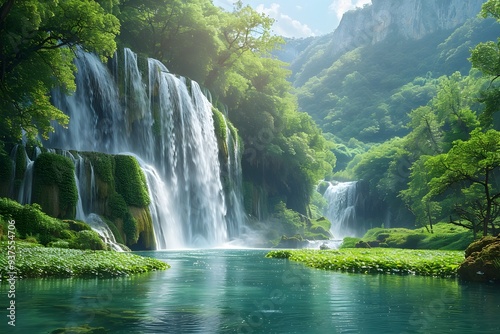 Majestic Waterfall Cascading Through Lush Tropical Foliage in Remote Paradise