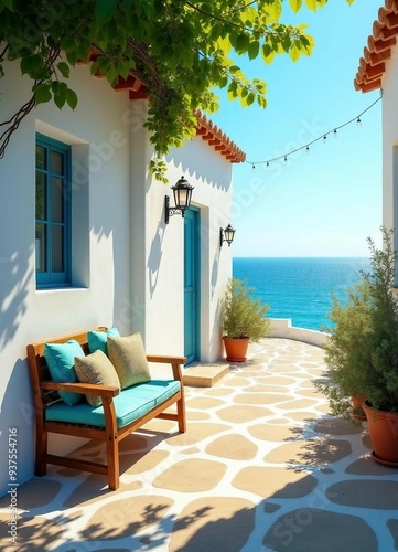 Charming white houses line a quaint street, with a cozy bench and a serene sea view under warm sunlight.	
 photo