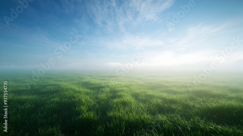 Expansive Meadow with Vibrant Green Grass and Misty Blue Morning Sky