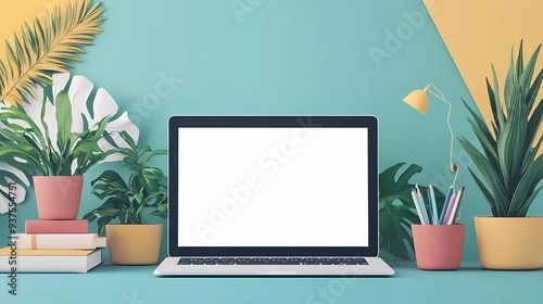Wallpaper Mural A modern workspace featuring a laptop, colorful pots, and decorative plants against a vibrant wall, perfect for productivity. Torontodigital.ca