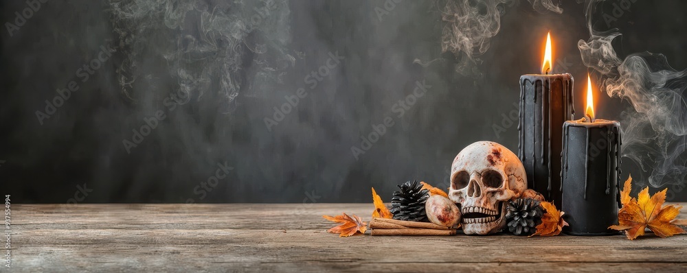 Obraz premium A hauntingly beautiful display featuring a skull, candles, and autumn leaves, perfect for Halloween or spooky themes.