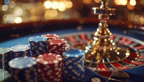 Close-Up of Roulette Wheel with Casino Chips at Night