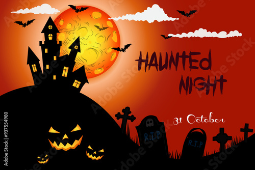 Print. Halloween Scary Horror background template with haunted house at full moon night. Vector illustration on Halloween theme idea for banners, posters and web screen