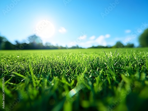 Serene Early Morning Sunny Green Grass Field With Vibrant Blue Sky Background