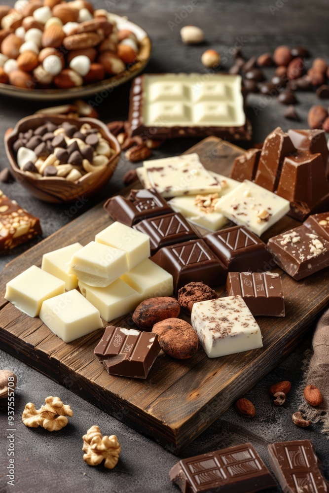 Assorted chocolate bars and nuts on a wooden board. World Chocolate Day Assorted chocolate bars and nuts on a wooden board. World Chocolate Day