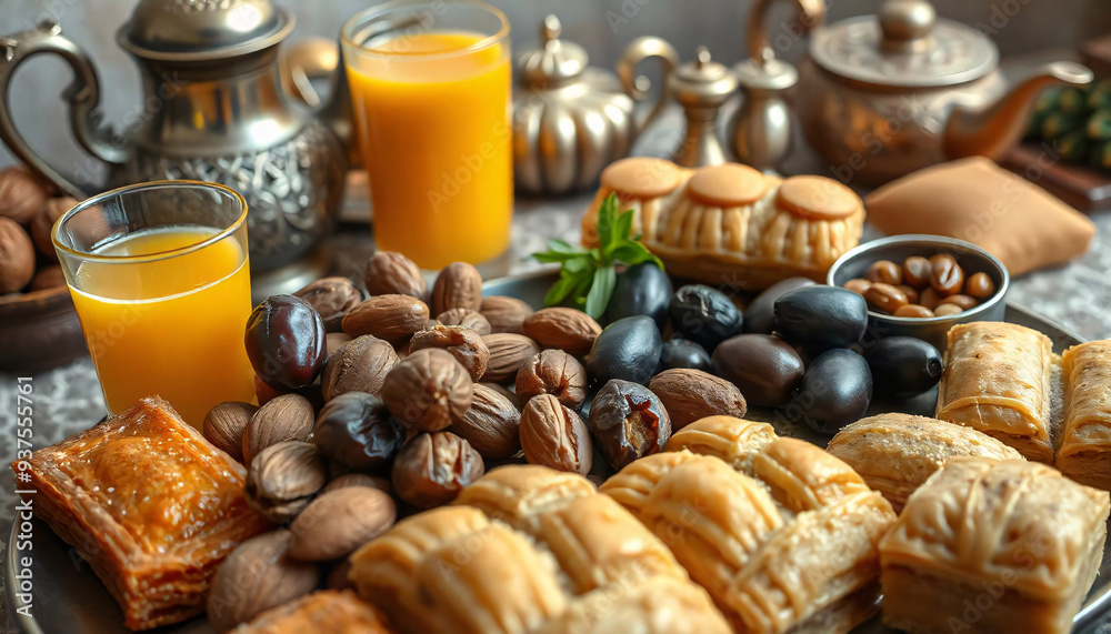 A platter of various Middle Eastern or Mediterranean appetizers and snacks, including dates, almonds, olives, baklava, and a glass of orange juice A platter of various Middle Eastern or Mediterranean appetizers and snacks, including dates, almonds, olives, baklava, and a glass of orange juice