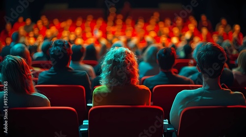 Audience focused on a performance, capturing anticipation and engagement in a theater setting with vibrant lighting.