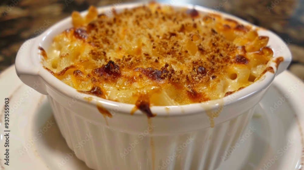 Golden Macaroni and Cheese Casserole on Wooden Table Golden Macaroni and Cheese Casserole on Wooden Table