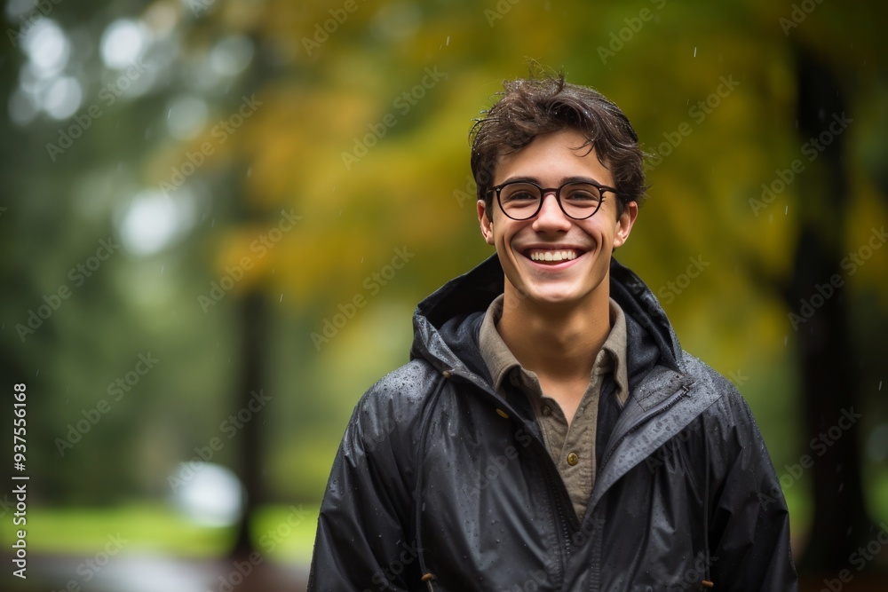 Smiling Young Man Enjoying Rain in Park Smiling Young Man Enjoying Rain in Park