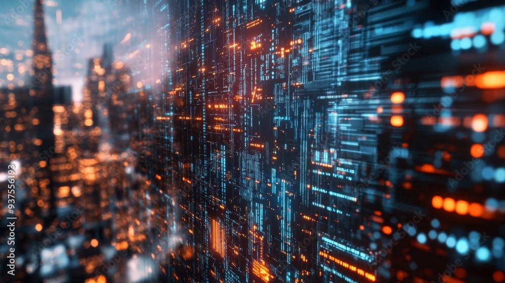 Obraz premium Abstract digital city with glowing lights, representing futuristic technology and data networks in an urban landscape.