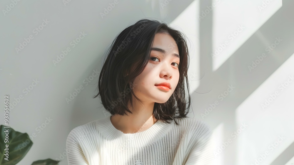 Young Asian Woman with Short Black Hair in a White Sweater Young Asian Woman with Short Black Hair in a White Sweater