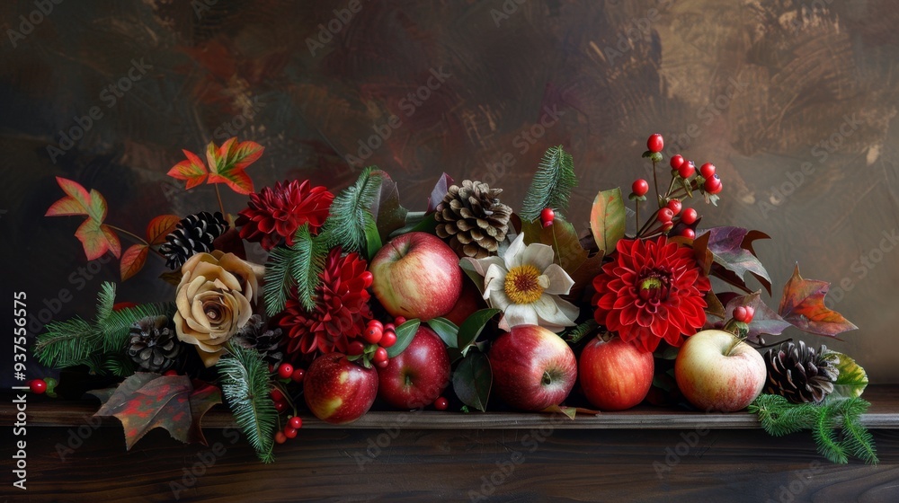 Autumn Harvest and Floral Composition with Apples and Pine Cones Autumn Harvest and Floral Composition with Apples and Pine Cones