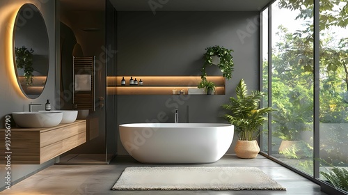 Modern bathroom with large tub, natural light, and minimalistic decor, creating a serene and relaxing atmosphere.