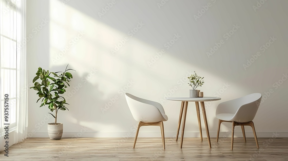 Fototapeta premium Modern interior with a minimalist design, featuring a stylish table, two chairs, and a potted plant in bright sunlight.