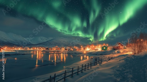 The beautiful northern lights over the icy road illuminate the snowy village. A magical polar night. photo